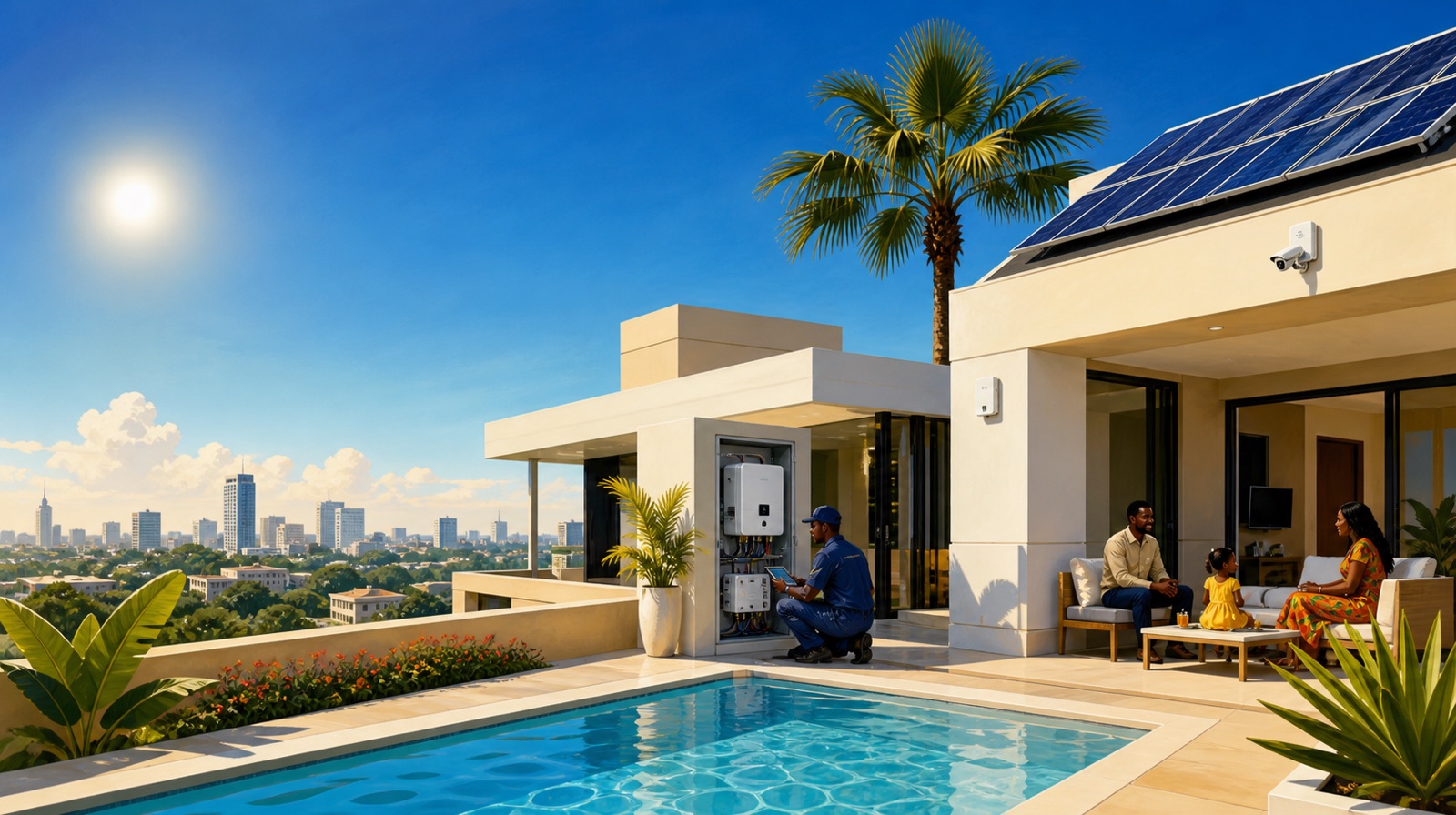A solar-powered Nigerian home with a technician and family